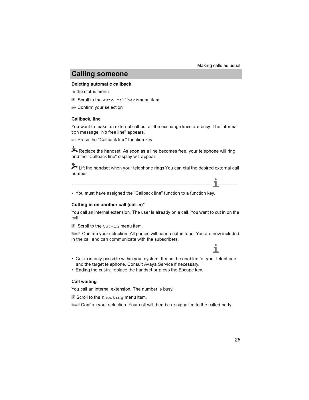 Avaya T3 (IP) Comfort manual Deleting automatic callback, Callback, line, Cutting in on another call cut-in, Call waiting 