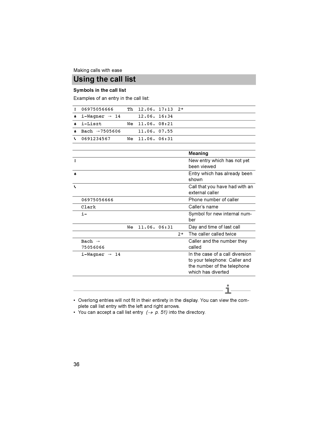 Avaya T3 (IP) Comfort manual Symbols in the call list, Meaning 