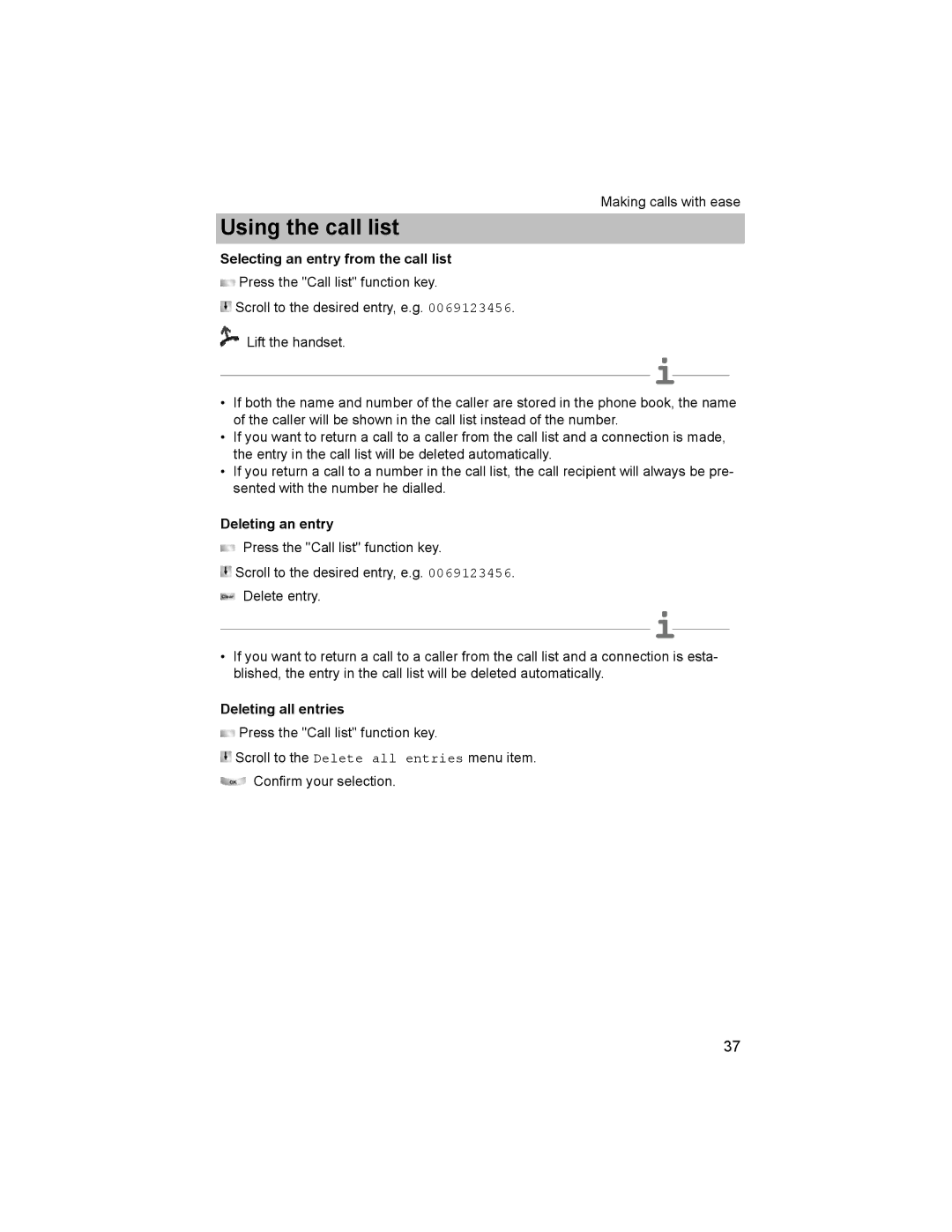 Avaya T3 (IP) Comfort manual Selecting an entry from the call list, Deleting an entry, Deleting all entries 