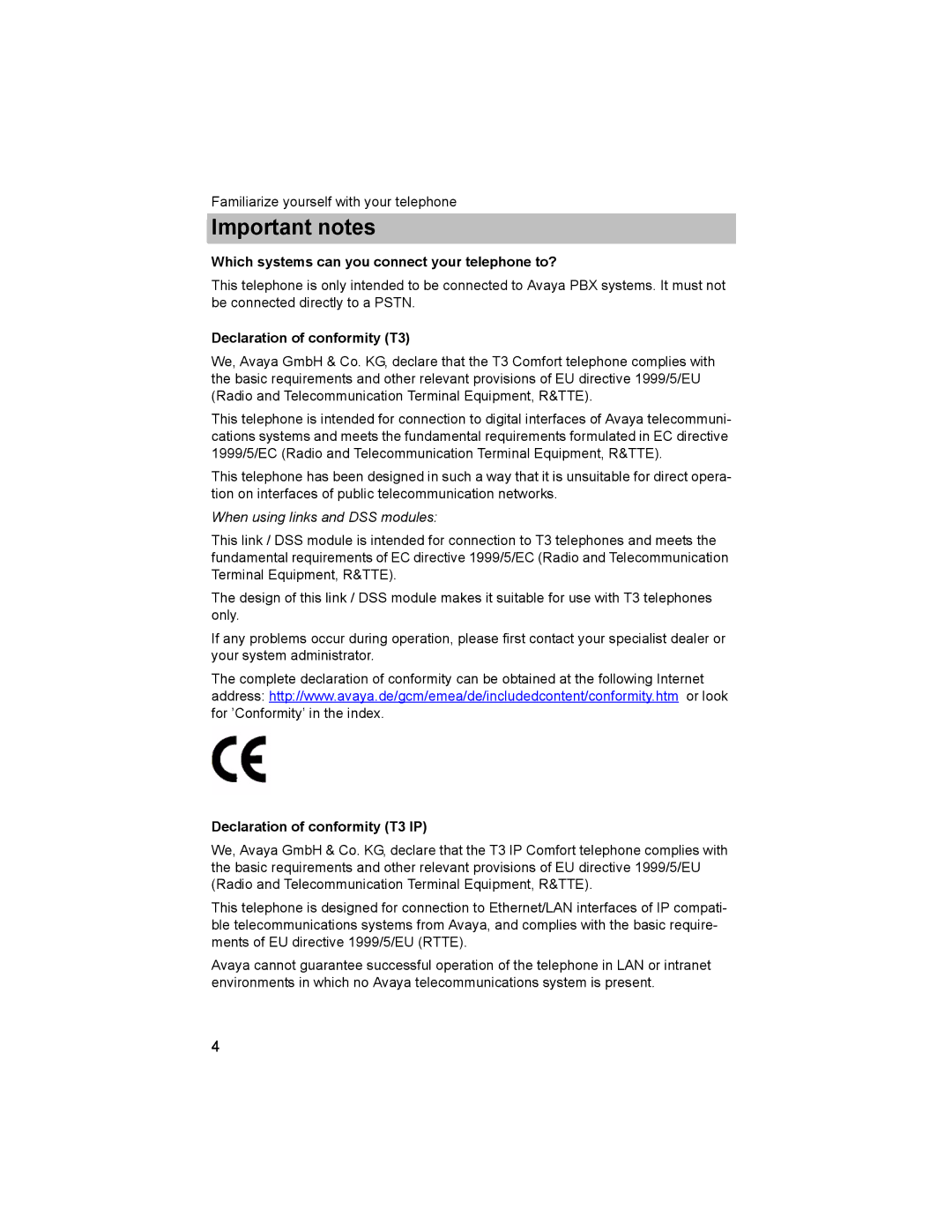 Avaya T3 (IP) Comfort Important notes, Which systems can you connect your telephone to?, Declaration of conformity T3 