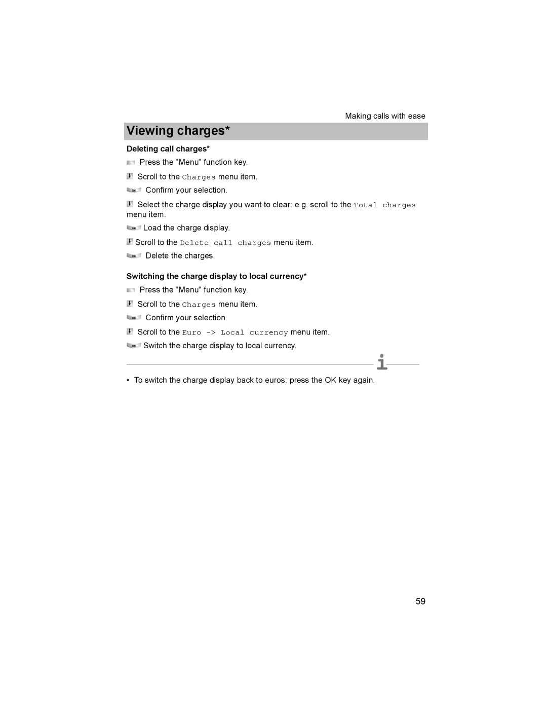 Avaya T3 (IP) Comfort manual Deleting call charges, Switching the charge display to local currency 