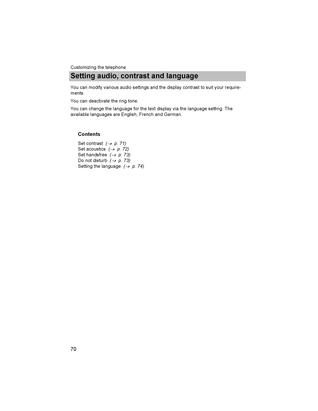 Avaya T3 (IP) Comfort manual Setting audio, contrast and language 