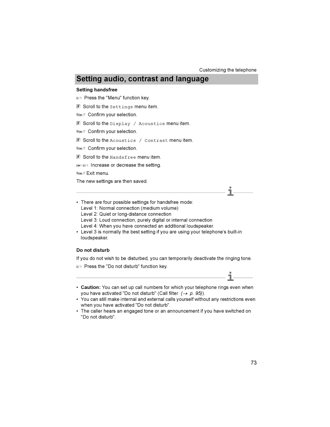 Avaya T3 (IP) Comfort manual Setting handsfree, Do not disturb 