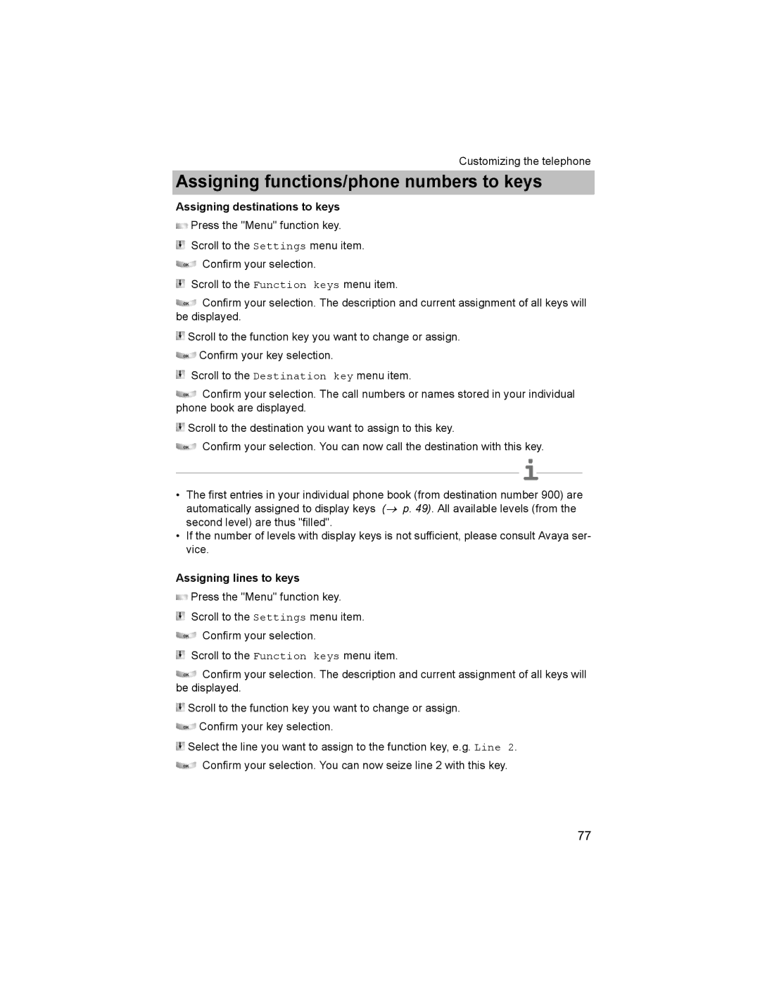 Avaya T3 (IP) Comfort manual Assigning destinations to keys, Assigning lines to keys 