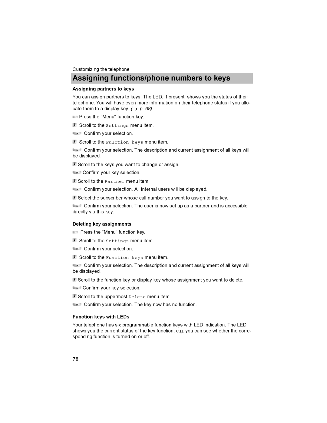 Avaya T3 (IP) Comfort manual Assigning partners to keys, Deleting key assignments, Function keys with LEDs 