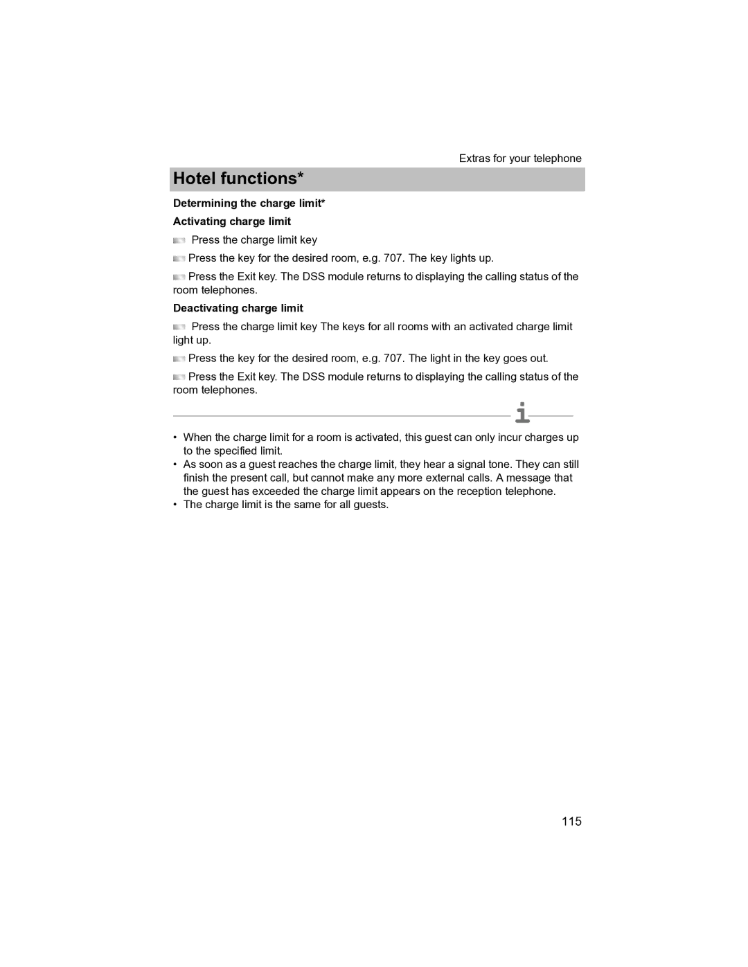 Avaya T3 (IP) Compact manual Determining the charge limit Activating charge limit, Deactivating charge limit 