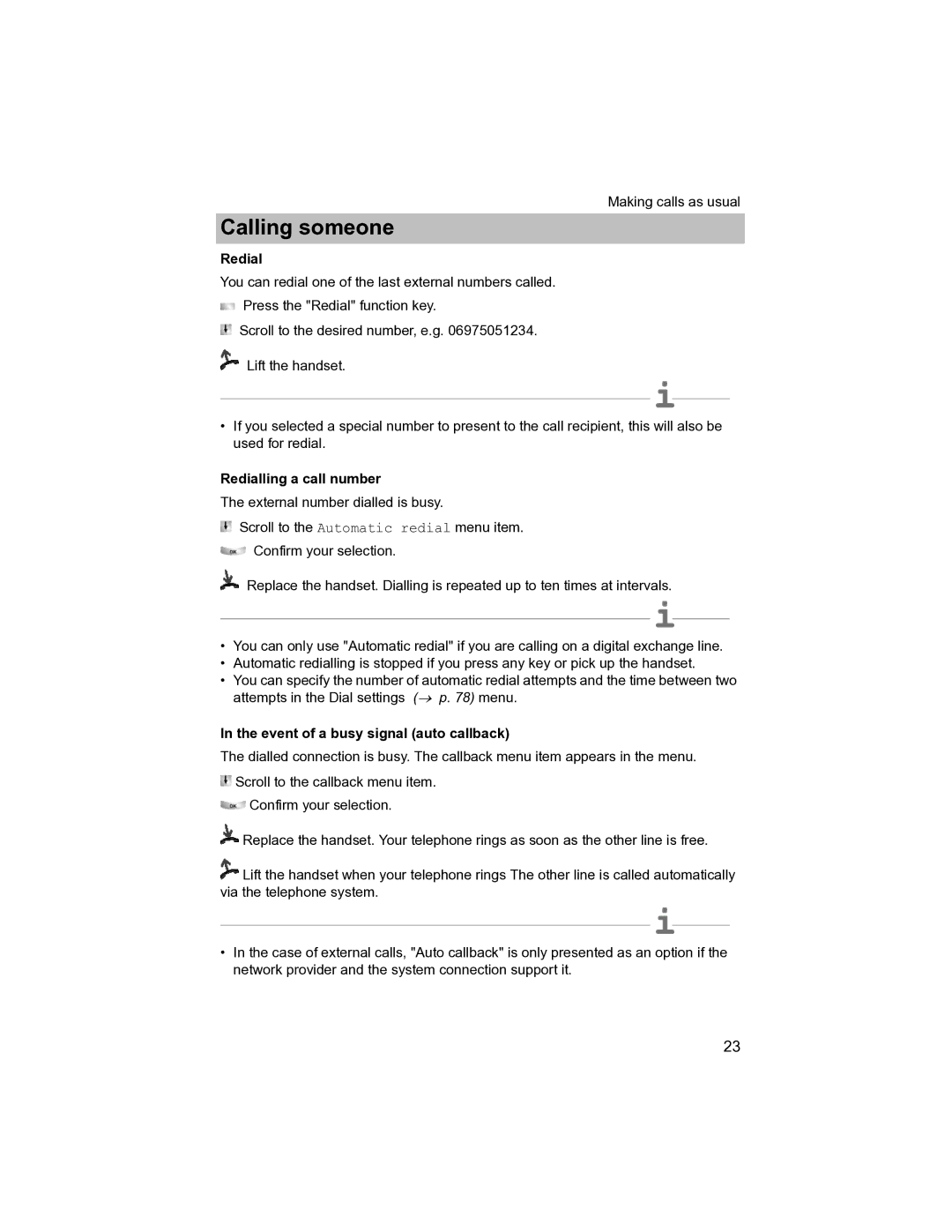 Avaya T3 (IP) Compact manual Redialling a call number, Event of a busy signal auto callback 