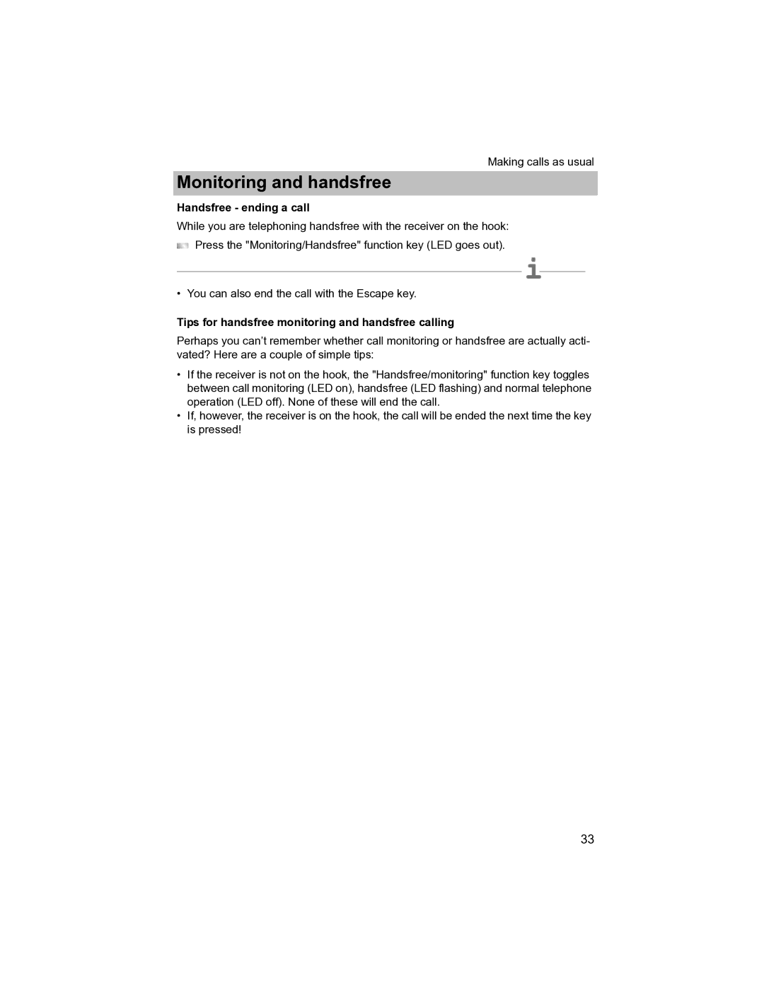 Avaya T3 (IP) Compact manual Handsfree ending a call, Tips for handsfree monitoring and handsfree calling 