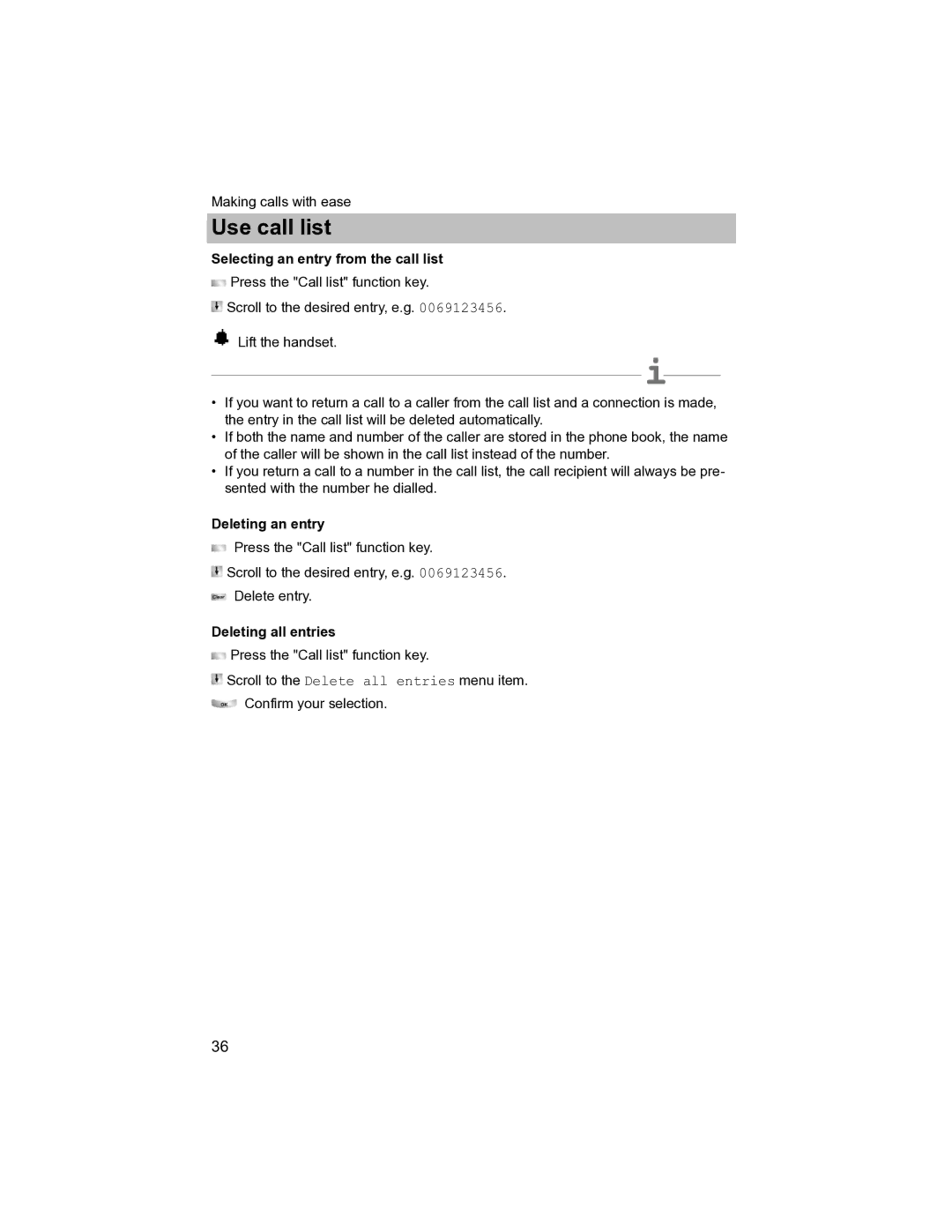 Avaya T3 (IP) Compact manual Selecting an entry from the call list, Deleting an entry, Deleting all entries 