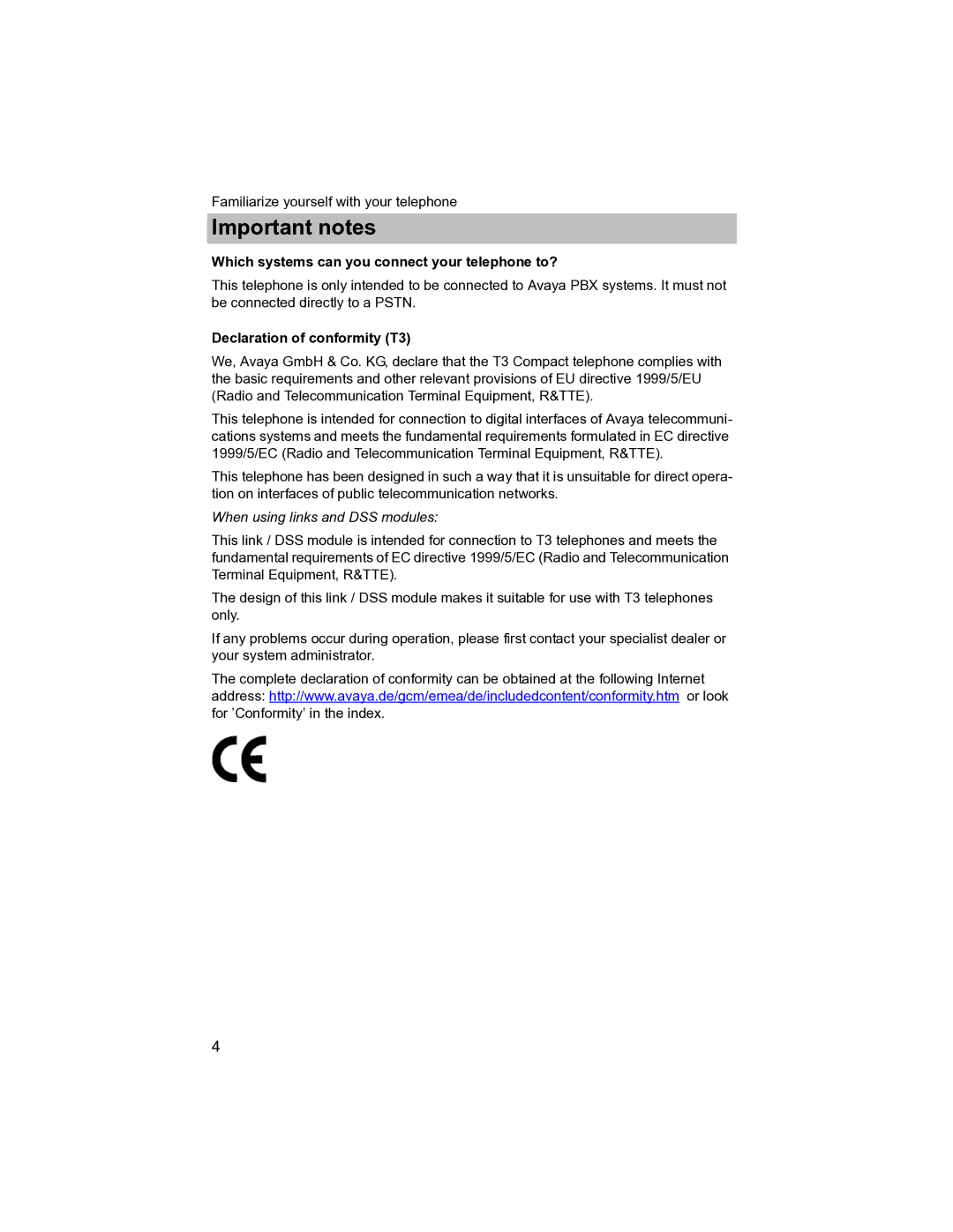 Avaya T3 (IP) Compact Important notes, Which systems can you connect your telephone to?, Declaration of conformity T3 