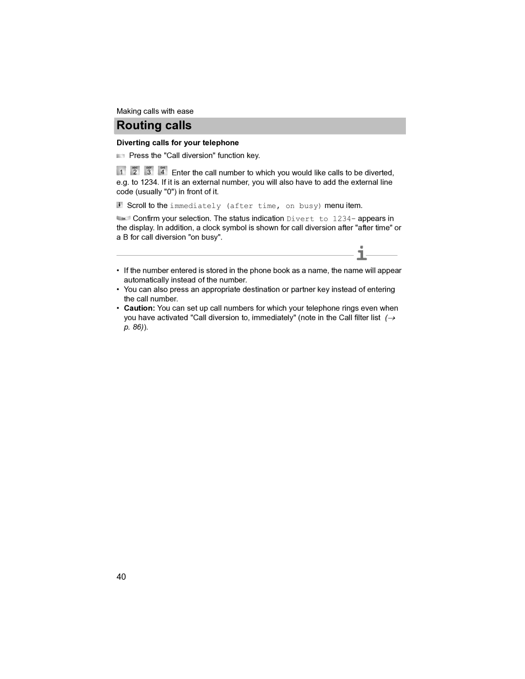 Avaya T3 (IP) Compact manual Diverting calls for your telephone, Scroll to the immediately after time, on busy menu item 