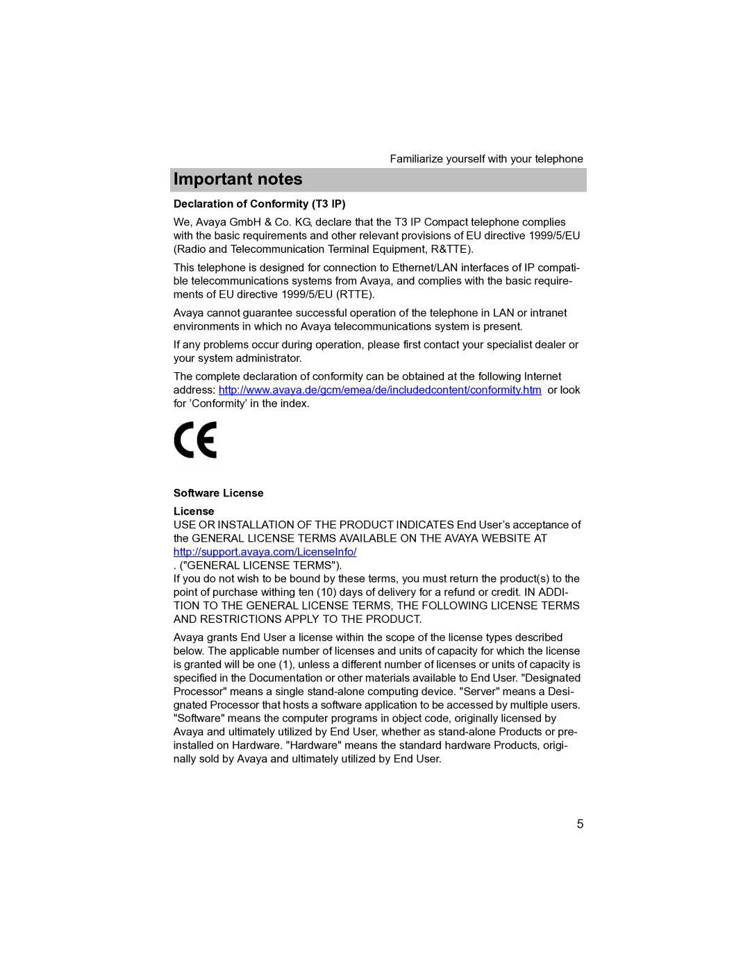 Avaya T3 (IP) Compact manual Declaration of Conformity T3 IP, Software License 