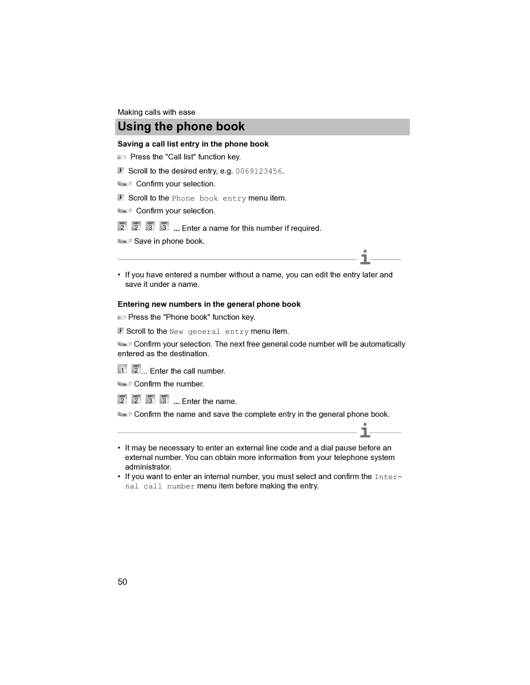 Avaya T3 (IP) Compact manual Saving a call list entry in the phone book, Entering new numbers in the general phone book 