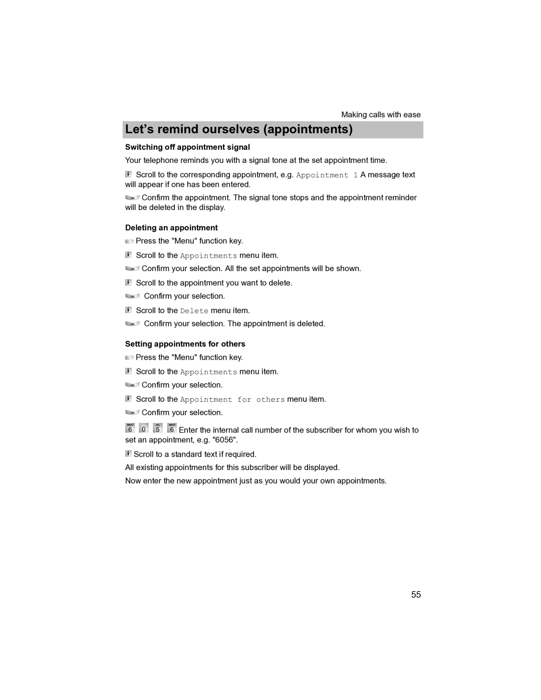 Avaya T3 (IP) Compact manual Switching off appointment signal, Deleting an appointment, Setting appointments for others 