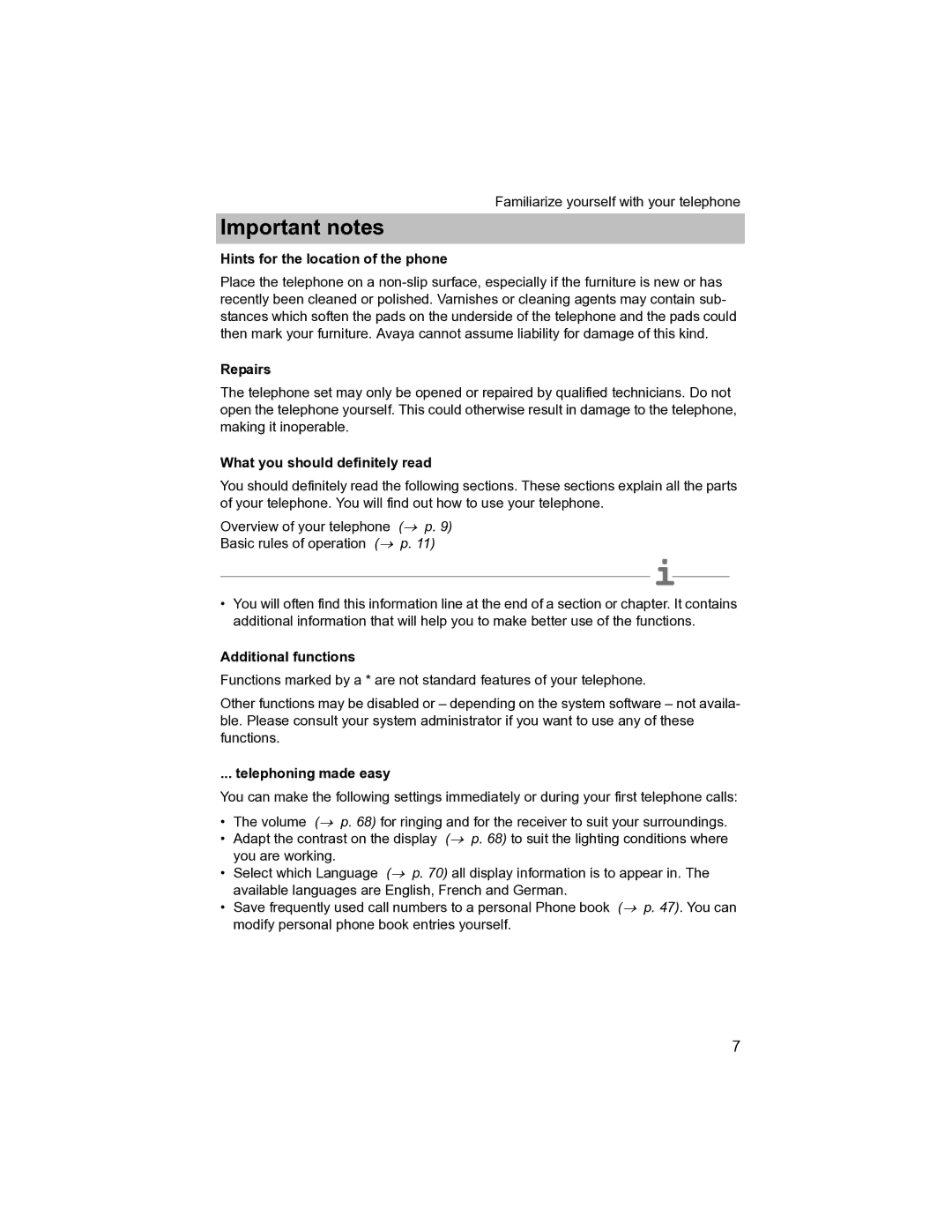 Avaya T3 (IP) Compact Hints for the location of the phone, Repairs, What you should definitely read, Additional functions 