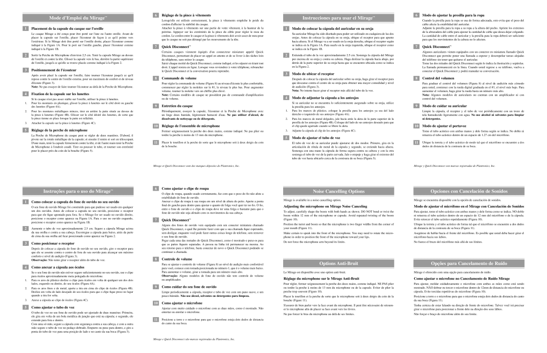 Avaya Ultra warranty Mode d’Emploi du Mirage, Instrucciones para usar el Mirage, Instruções para o uso do Mirage 