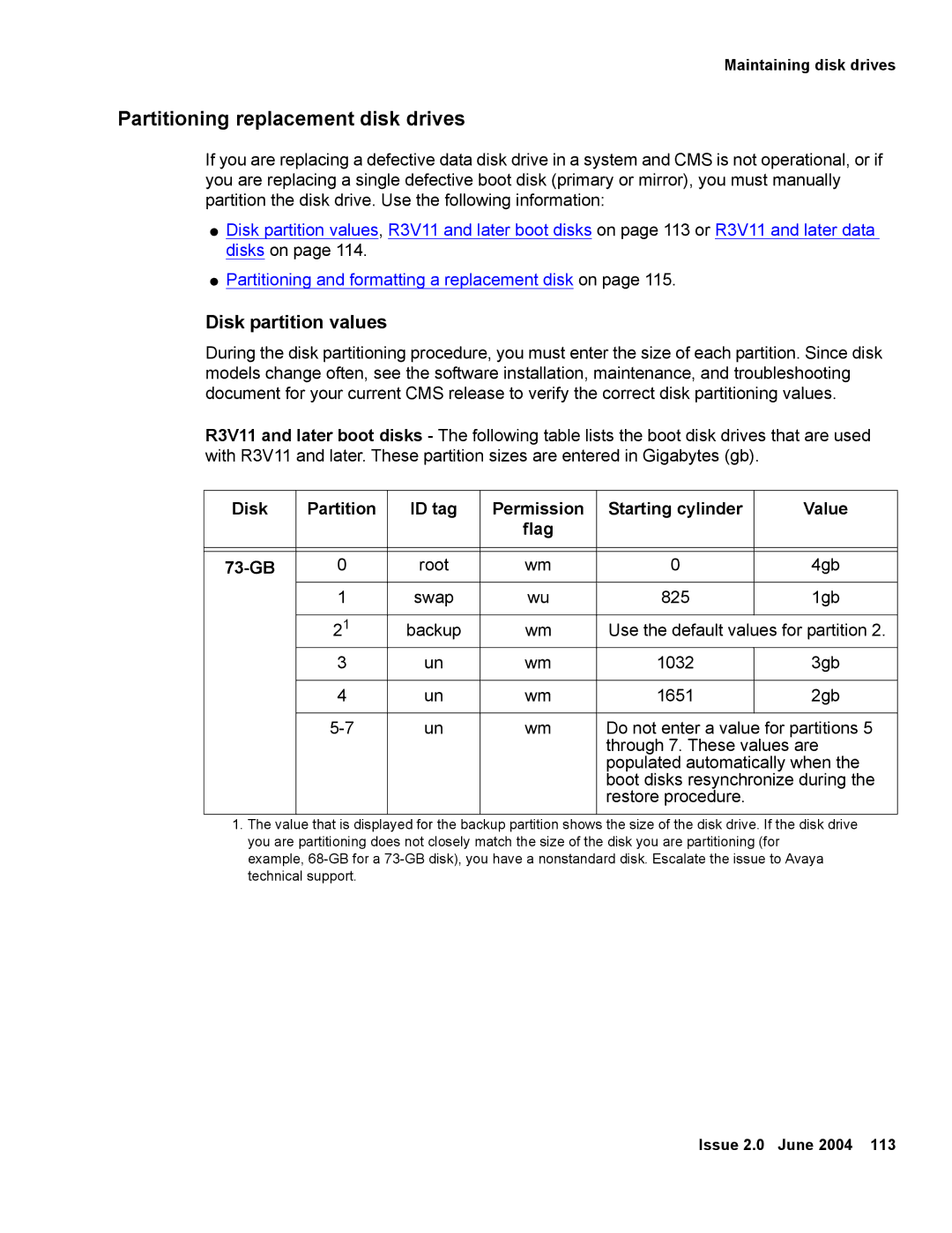 Avaya V880 manual Partitioning replacement disk drives, Disk partition values 