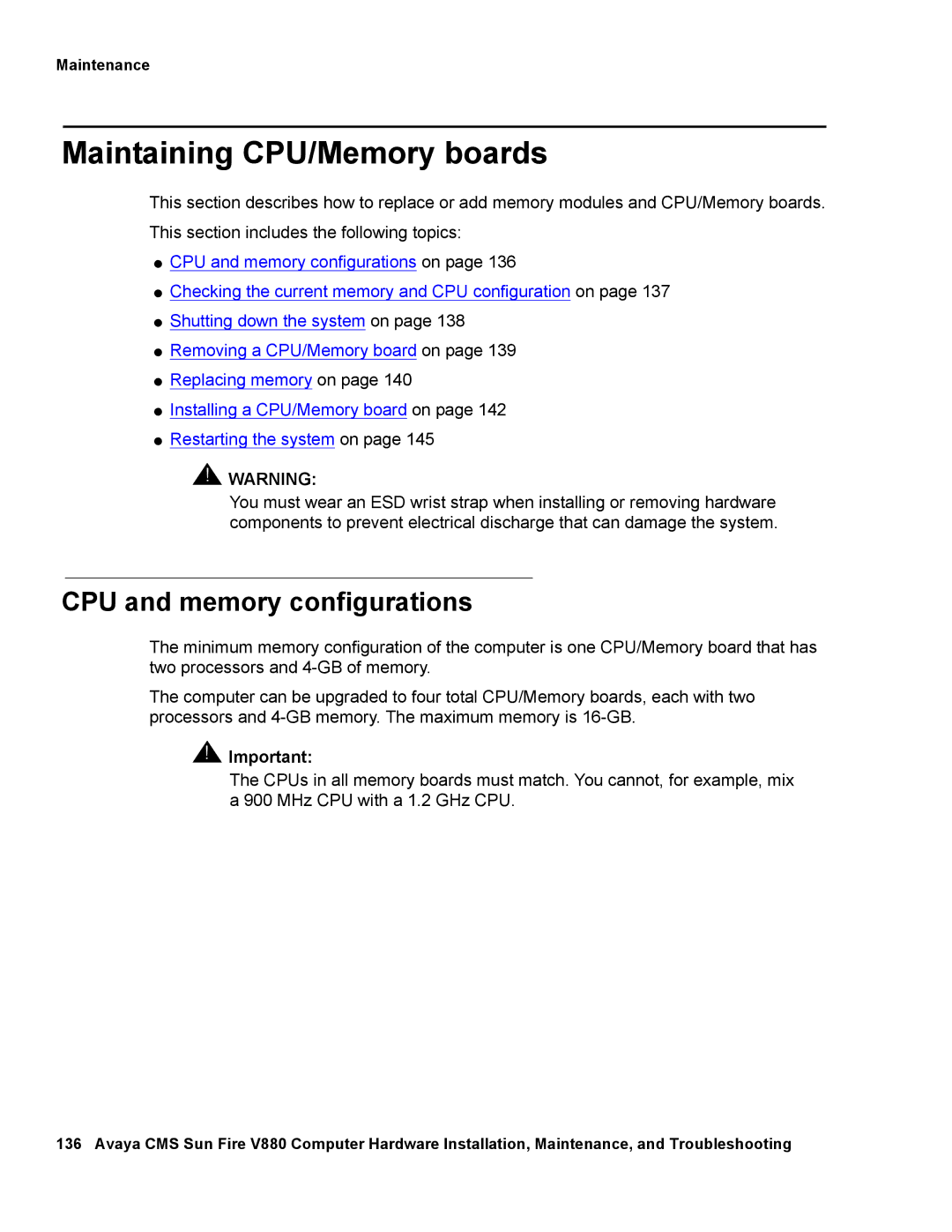 Avaya V880 manual Maintaining CPU/Memory boards, CPU and memory configurations 