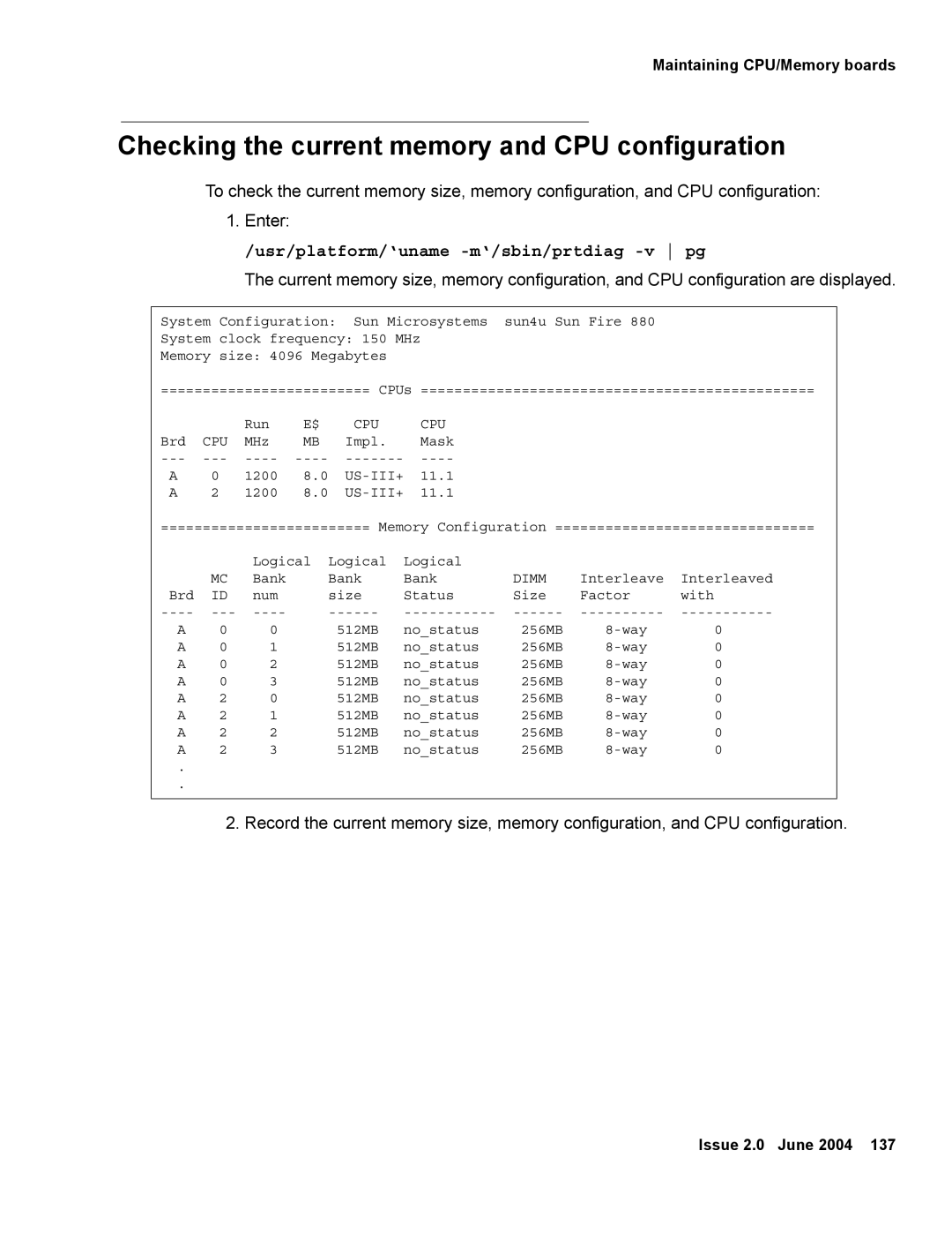 Avaya V880 manual Checking the current memory and CPU configuration, Usr/platform/‘uname -m‘/sbin/prtdiag -v pg 