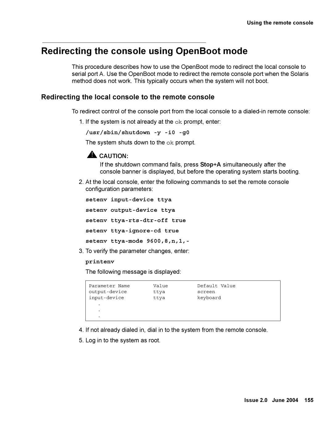 Avaya V880 manual Redirecting the console using OpenBoot mode, To verify the parameter changes, enter, Printenv 