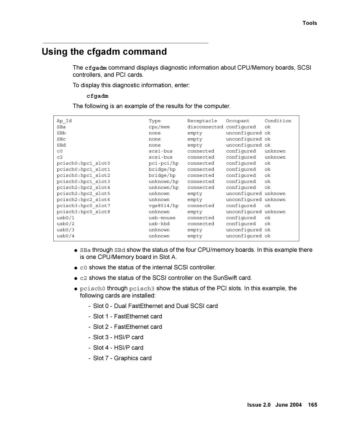 Avaya V880 manual Using the cfgadm command, Cfgadm 