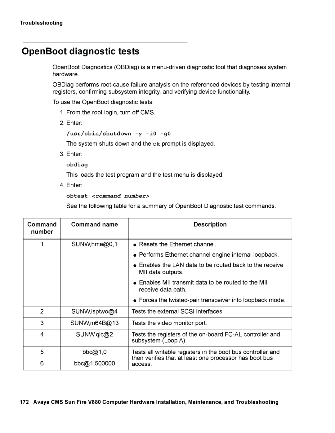 Avaya V880 manual OpenBoot diagnostic tests, Command Command name Description Number 