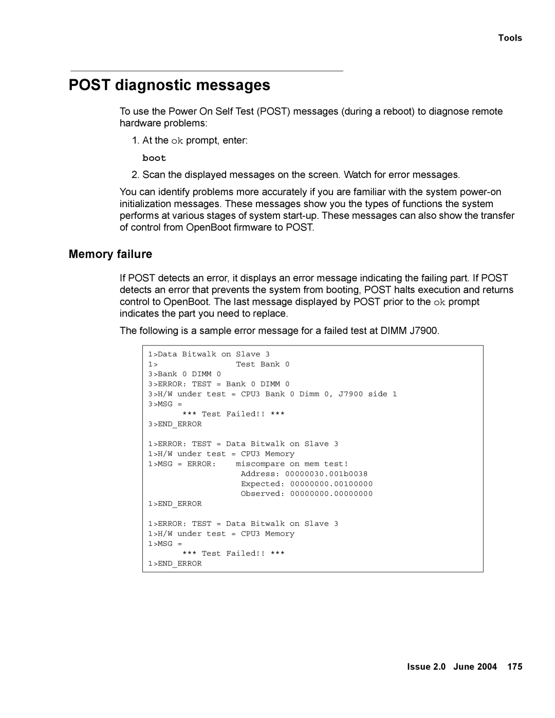 Avaya V880 manual Post diagnostic messages, Memory failure 