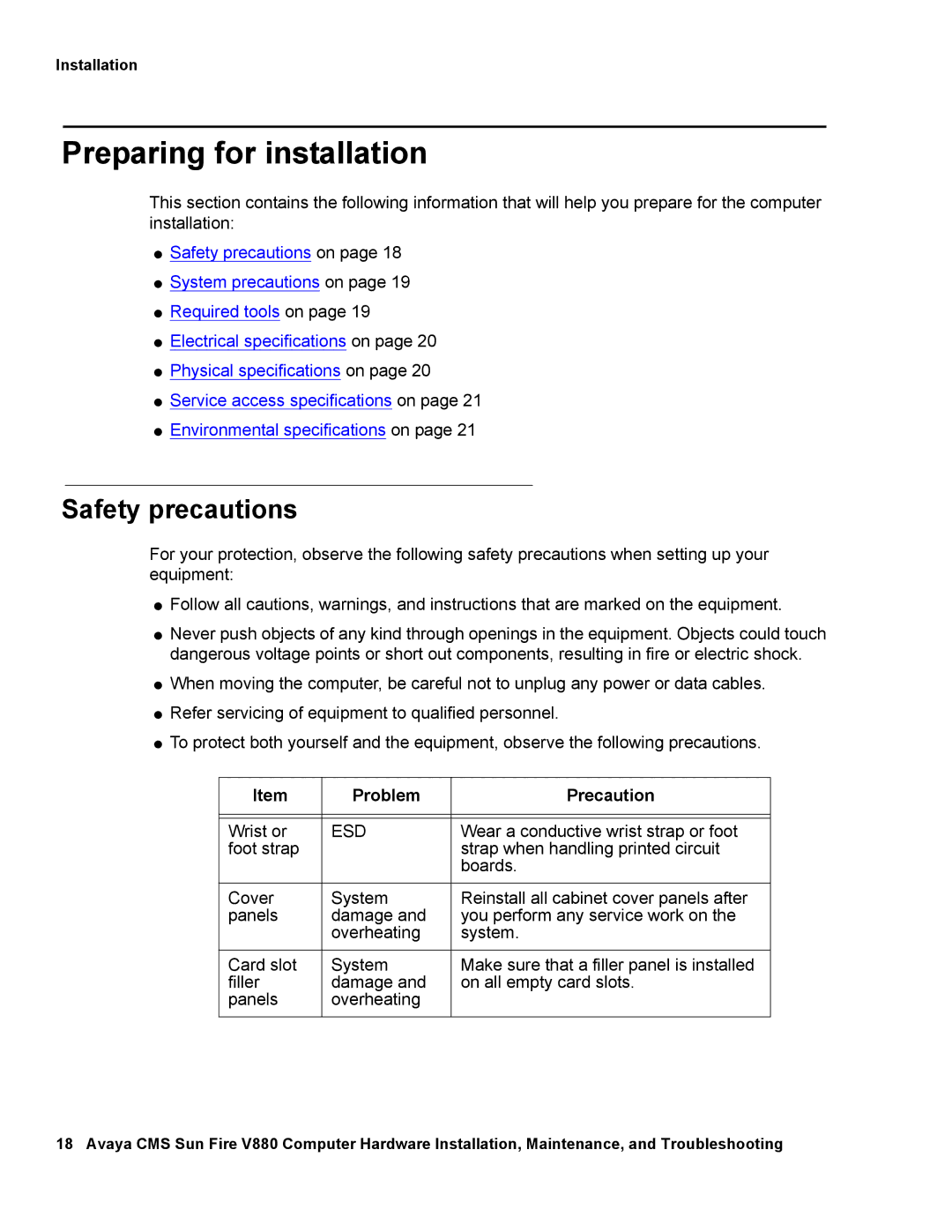 Avaya V880 manual Preparing for installation, Safety precautions, Problem Precaution 