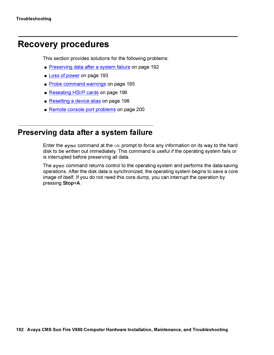 Avaya V880 manual Recovery procedures, Preserving data after a system failure 