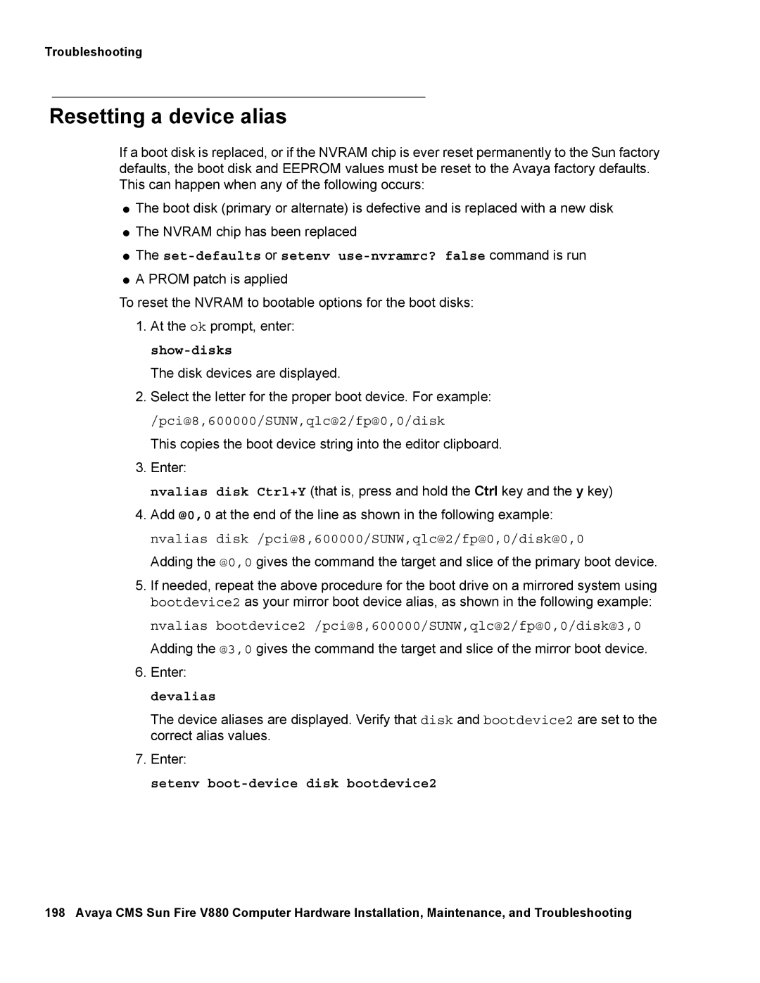 Avaya V880 manual Resetting a device alias, Set-defaults or setenv use-nvramrc? false command is run 