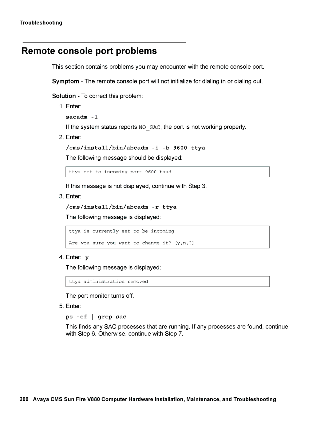 Avaya V880 manual Remote console port problems, Ps -ef grep sac 