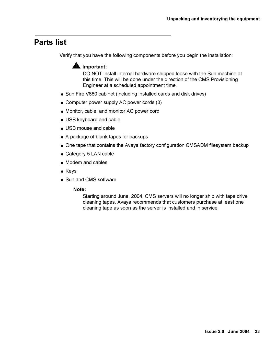 Avaya V880 manual Parts list 