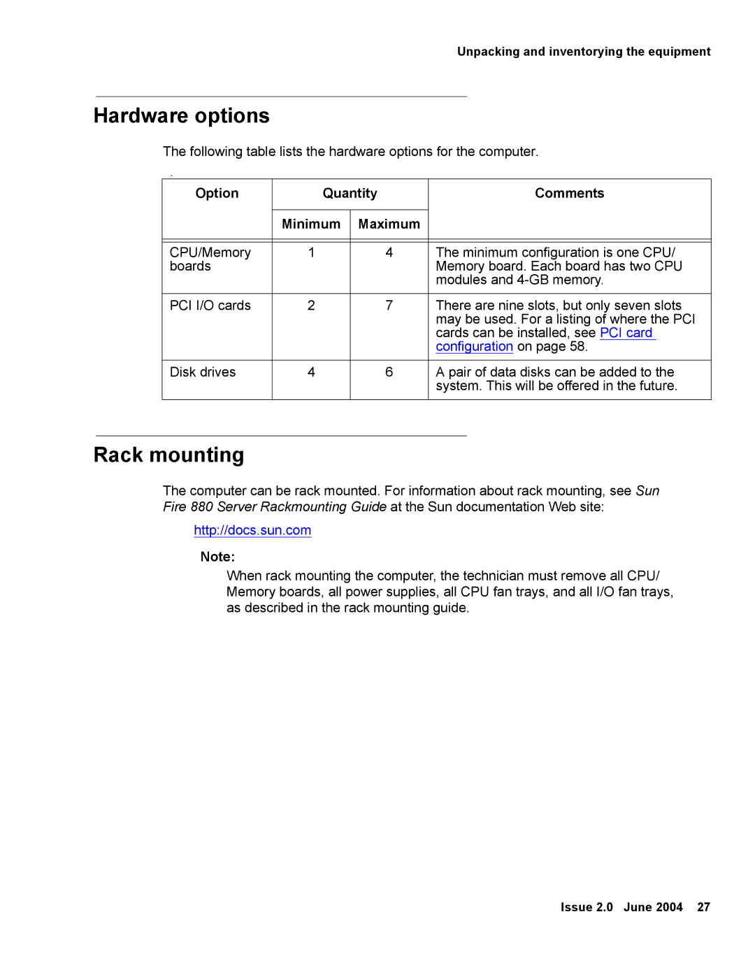 Avaya V880 manual Hardware options, Rack mounting, Option Quantity Comments Minimum Maximum 