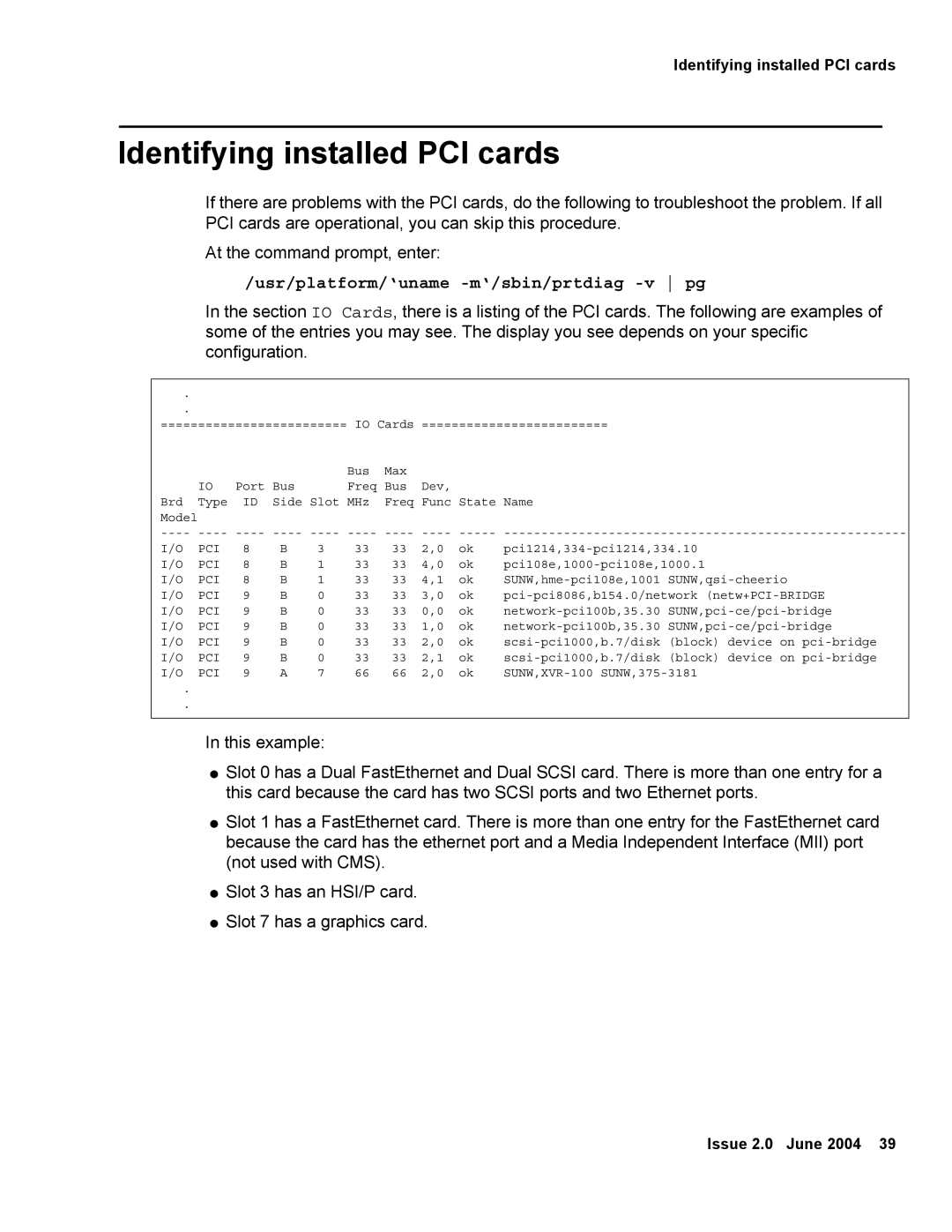 Avaya V880 manual Identifying installed PCI cards, Usr/platform/‘uname -m‘/sbin/prtdiag -v pg 