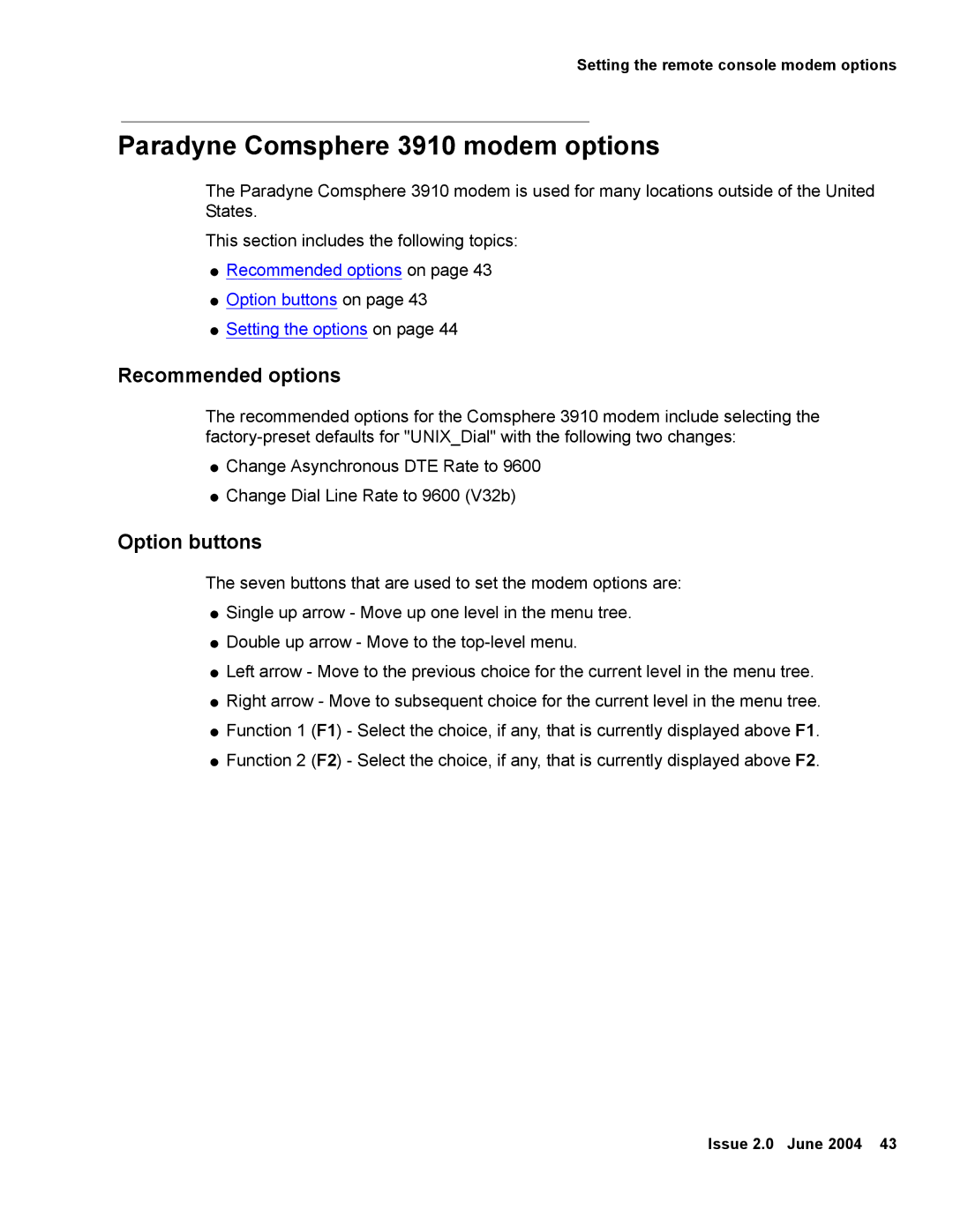 Avaya V880 manual Paradyne Comsphere 3910 modem options, Recommended options, Option buttons 