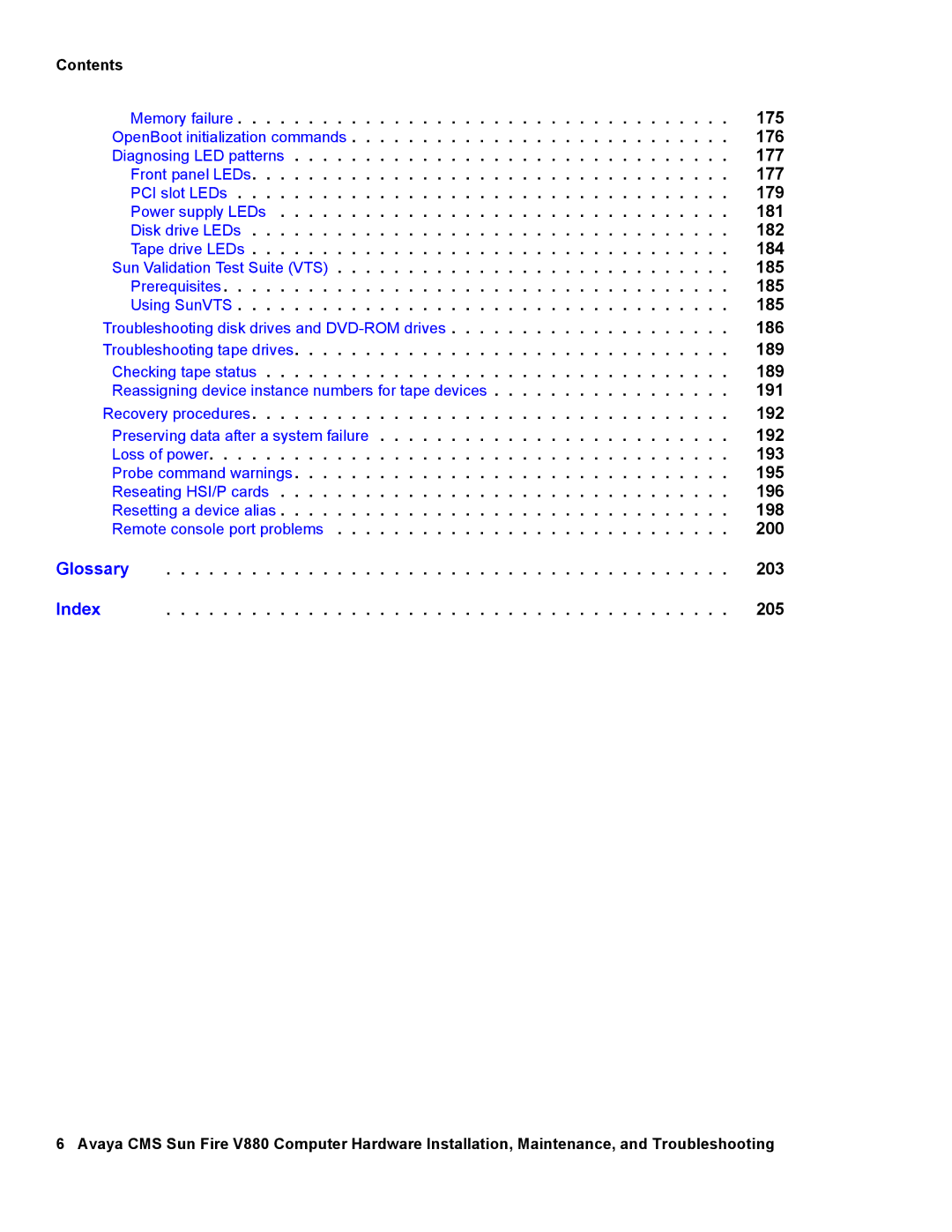 Avaya V880 manual 186, Troubleshooting tape drives 189 Checking tape status, 191, 203, 205 