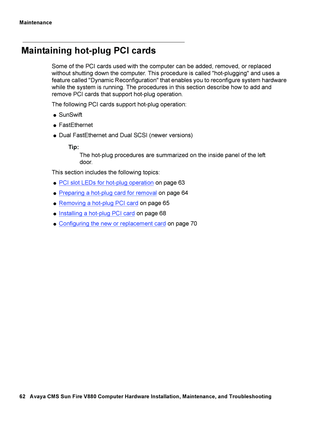 Avaya V880 manual Maintaining hot-plug PCI cards, Tip 