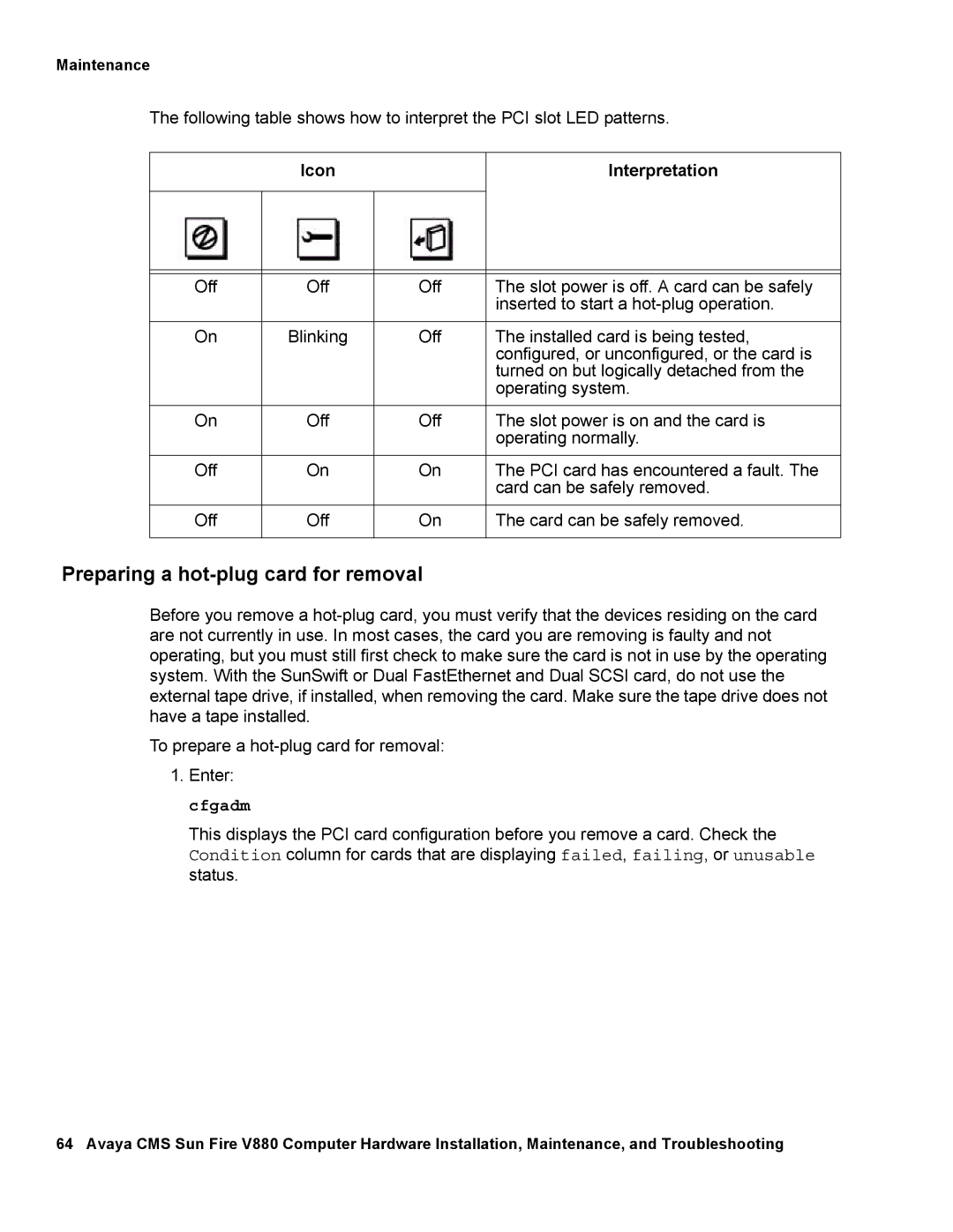 Avaya V880 manual Preparing a hot-plug card for removal, Icon Interpretation 