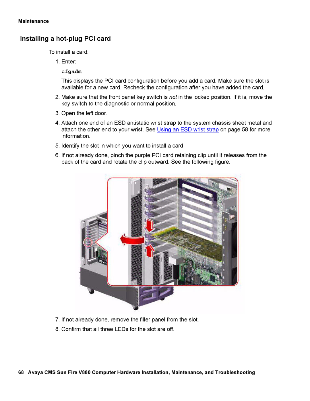 Avaya V880 manual Installing a hot-plug PCI card 