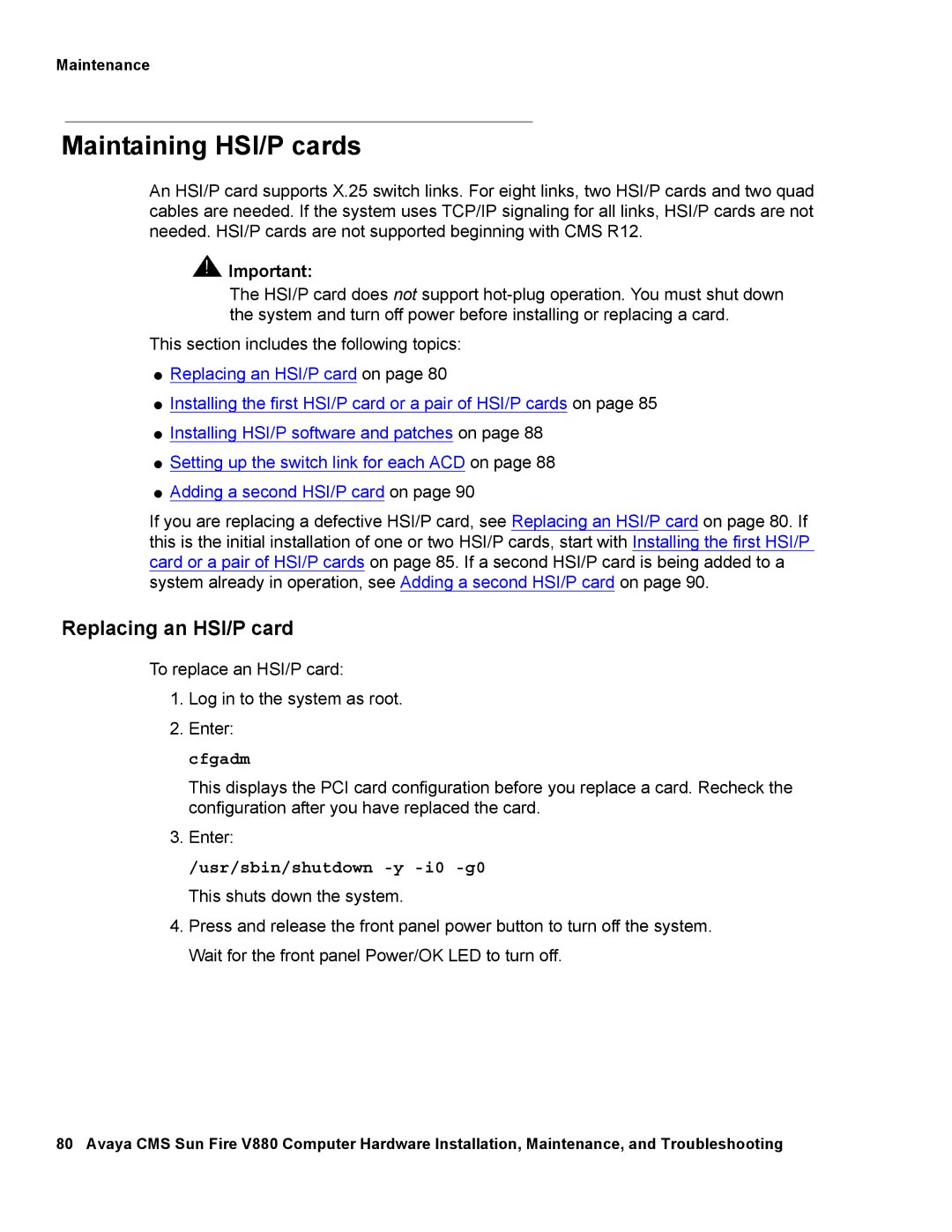 Avaya V880 manual Maintaining HSI/P cards, Replacing an HSI/P card 