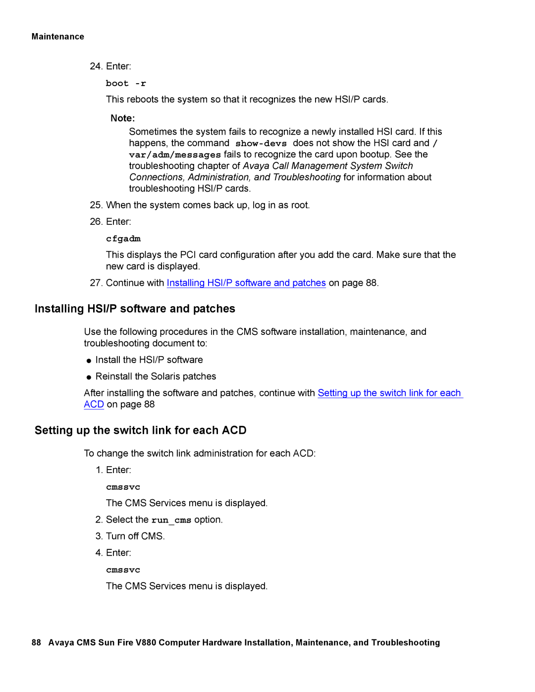 Avaya V880 manual Installing HSI/P software and patches, Setting up the switch link for each ACD 