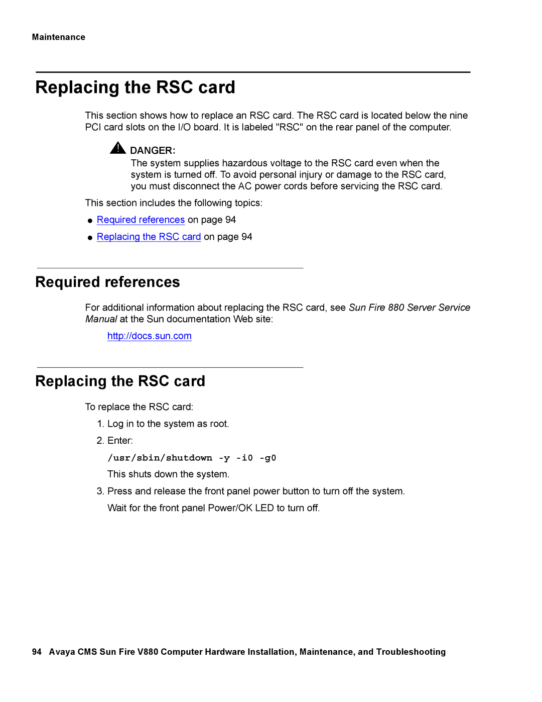 Avaya V880 manual Replacing the RSC card 