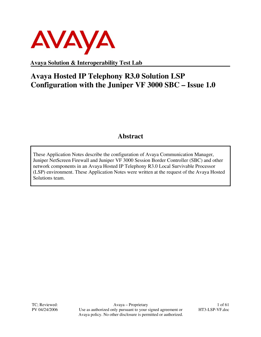 Avaya VF 3000 manual Abstract, Avaya Solution & Interoperability Test Lab 