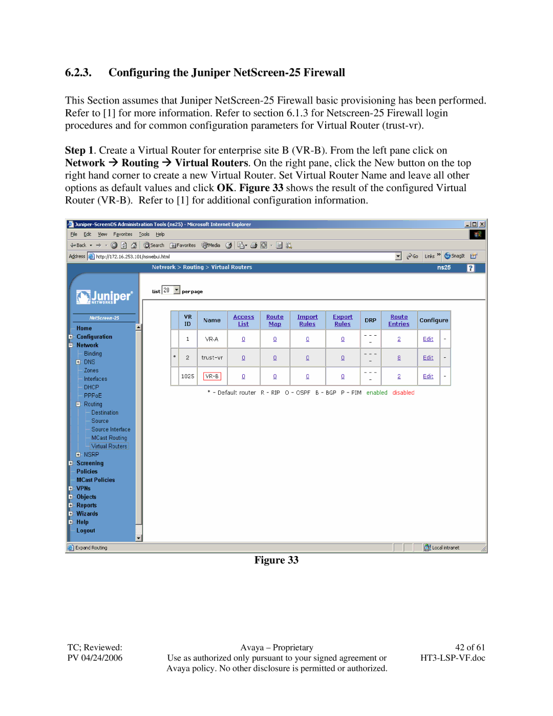 Avaya VF 3000 manual Configuring the Juniper NetScreen-25 Firewall 