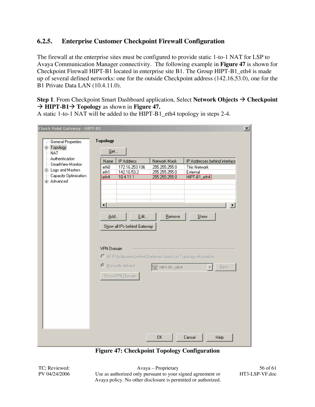 Avaya VF 3000 manual Enterprise Customer Checkpoint Firewall Configuration 