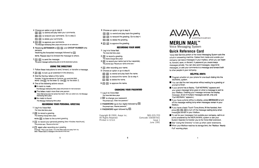 Avaya Voice Messaging System manual Merlin Mail 