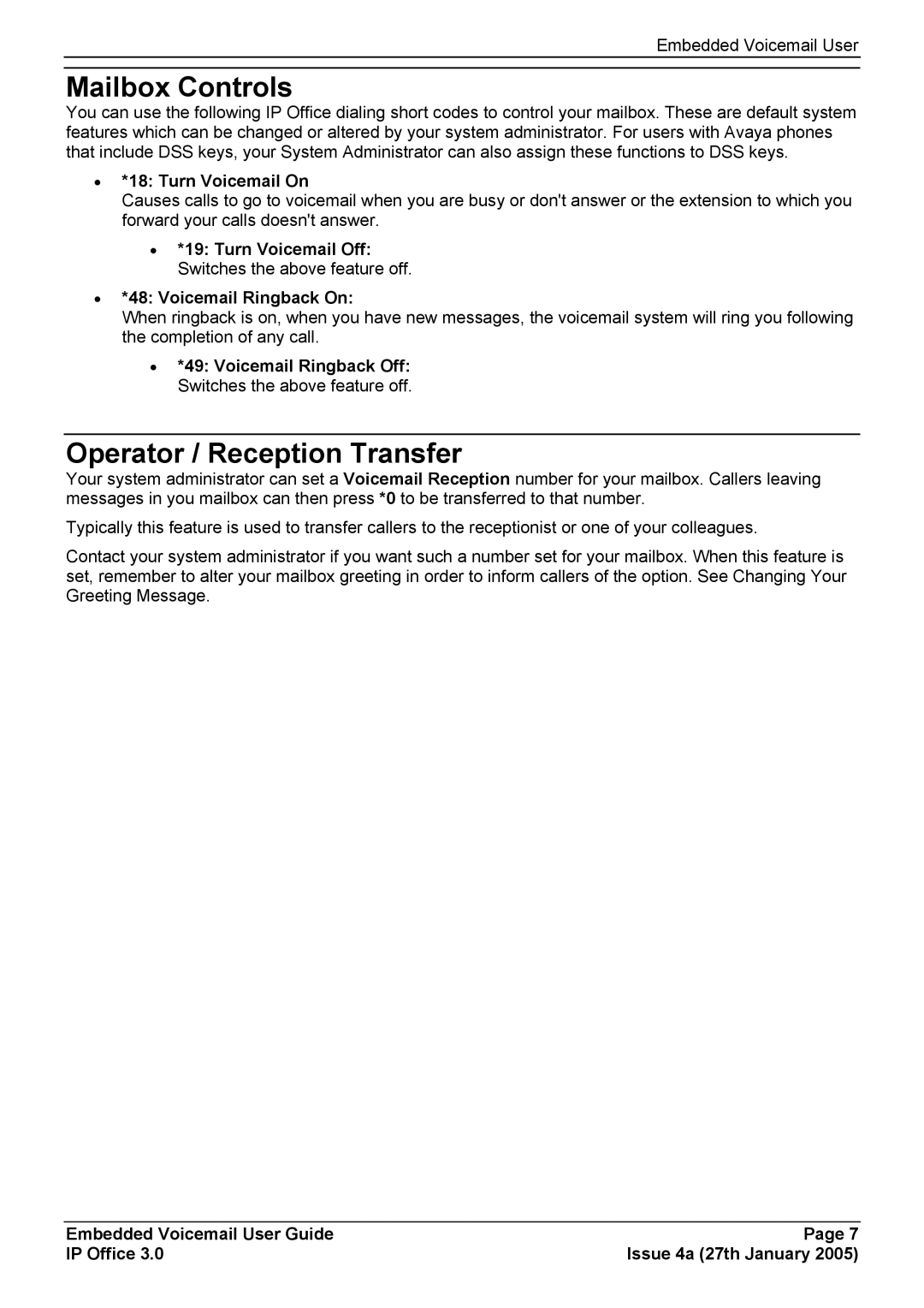 Avaya manual Mailbox Controls, Operator / Reception Transfer, Turn Voicemail On 