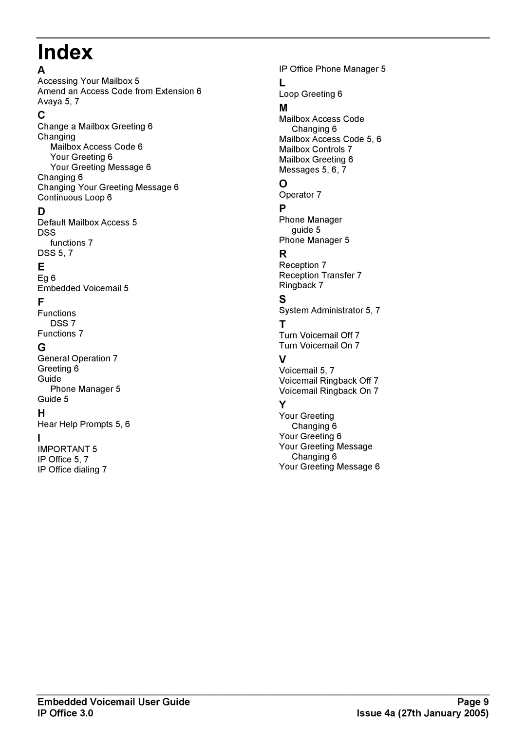 Avaya Voicemail manual Index, Dss 