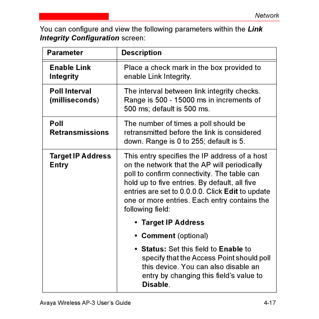 Avaya Wireless AP-3 Parameter Description Enable Link, Integrity, Poll Interval, Milliseconds, Retransmissions, Entry 