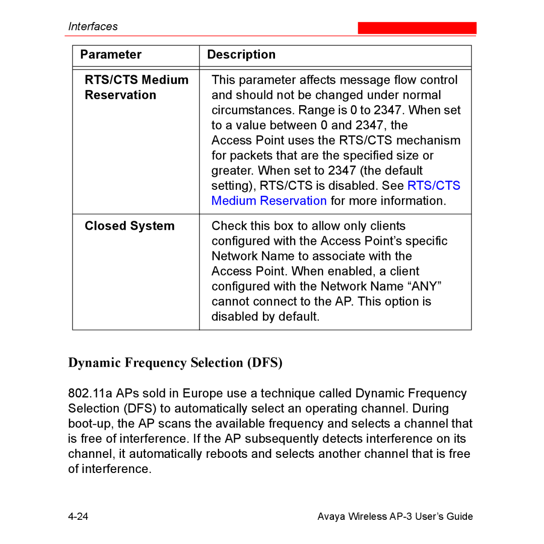 Avaya Wireless AP-3 Dynamic Frequency Selection DFS, Parameter Description RTS/CTS Medium, Reservation, Closed System 